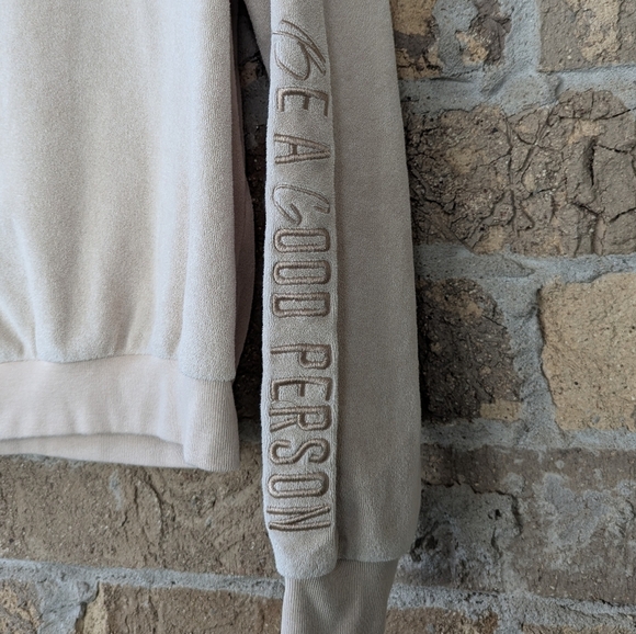 Be A Good Person Beige Terrycloth Pullover Sweatshirt Size Small Oversized - Picture 3 of 8